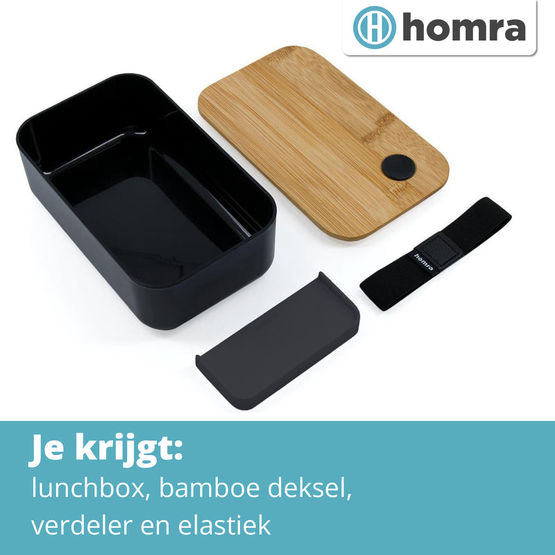 Homra Lunchbox BBOO Black - Broodtrommel met Bamboe deksel - 2 Compartimenten - Lunch To Go - FSC Bamboo - Duurzaam Kunststof - BPA vrij - Lunchtrommel - Magnetronbestendig - Diepvriesbestendig - Vaatwasser veilig
